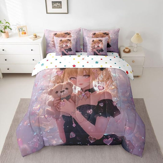 Erosebridal Bow Girls Bedding Set Pink Kawaii Cartoon Anime Kids Twin Comforter Set 7 Piece,Romantic Aesthetic Princess Bed in A Bag Japanese Style Girl Bed Set