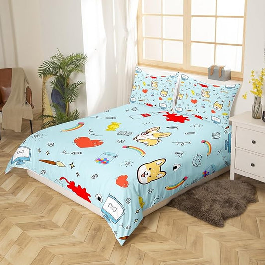 Castle Fairy Cartoon Dog Duvet Cover Twin Size,Hippie Graffiti Painting Comforter Cover with 1 Pillowcase for Boys Girls,Kawaii Puppy Pet Theme Soft Breathable Bed Cover Room Decor,No Comforter