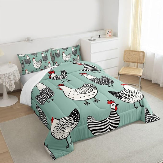 Erosebridal Chicken Comforter, Cartoon Chick Bedding Set, Cute Farmhouse Animal Down Comforter Twin Size, Teal Black Quilted Duvet Lightweight Bedroom Decor for Kids Boys Girls, 1 Pillow Case