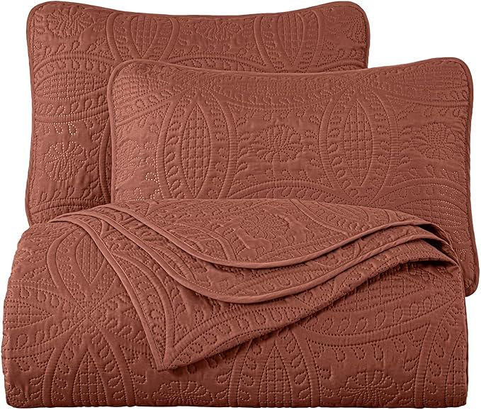 Chezmoi Collection Austin Queen Bedspread Set 3-Piece Pinsonic Quilted Oversized Bedspread Coverlet Set, Queen, Terracotta | Oversized, Lightweight, Fade Resistant