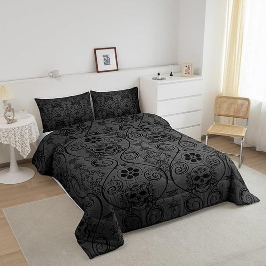 Feelyou Adults Black Vintage Damask Floral Comforter Set Oriental Antique Comforter Full Size Exotic Sugar Skull Rose Bedding Set Gothic Bohemia Boho Duvet Set Quilt Set 3Pcs