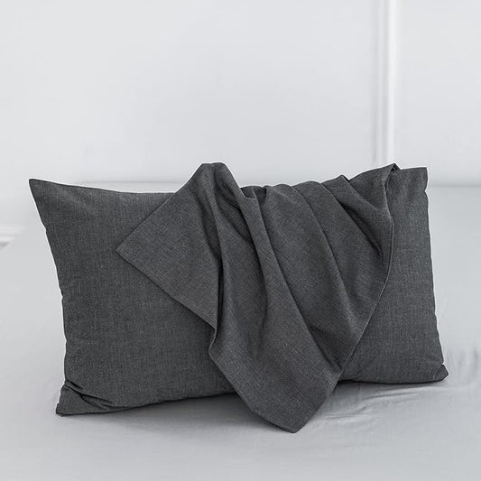 MooMee Bedding Pillowcases Pack of 2 100% Washed Cotton Linen Like Textured Breathable Durable Soft Comfy (Heathered Dark Grey, King)