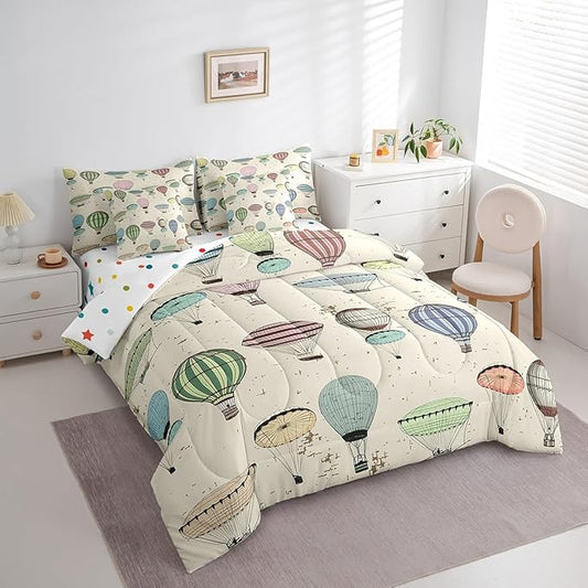 7 Pieces King Size Colorful Hot Air Balloon Comforter Set,Modern Sketch Bedding Set for Kids Room Decor,Retro Geometric Lines (Comforter+Fitted+Flat Sheet+2 Pillowcases+2 Throw Pillow Covers)
