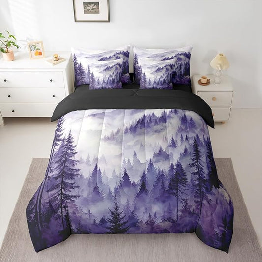 Erosebridal Purple Misty Forest Full Bed in A Bag 7 Piece Mountain Foggy Woodland Comforter Set with Sheets Rustic Pine Tree Bedding Sets for Kids Adults,Watercolor Nature Theme Bed Set