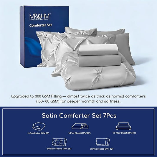 MR&HM Satin Comforter Queen 7 Pieces - Luxurious Pinch Pleat Bedding Set with Comforter, Flat Sheet, Fitted Sheet, Pillowcases & Shams, Super Silky Soft Bed Set for All Season (Queen, Silver Grey)