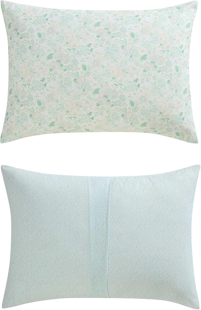 Laura Ashley - King Comforter Set, Soft & Reversible Floral Bedding with Bonus Bed Sheets & Pillowcases, 7 Piece Bed Set for Year Round Comfort (Quartet Jaynie Ticking/Stripe Blue)