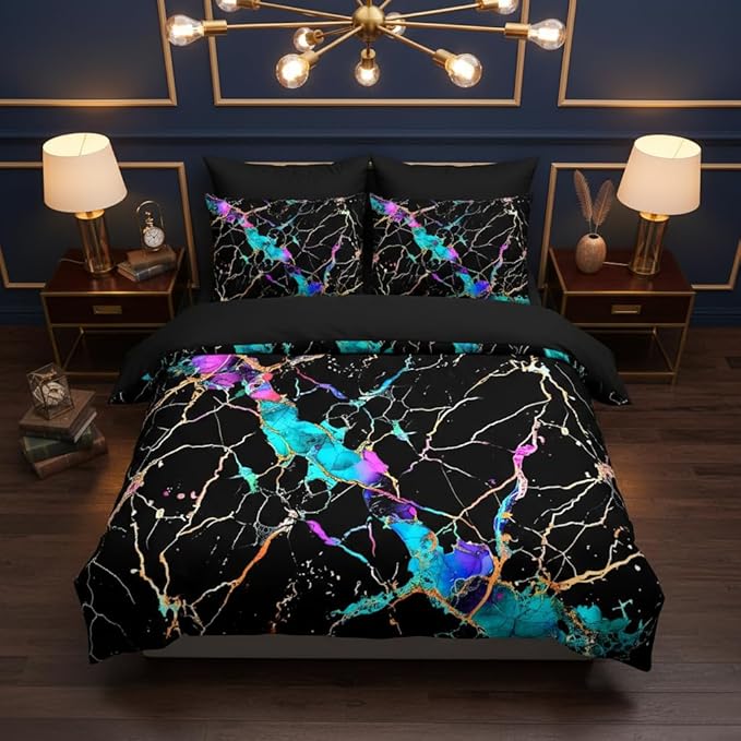 Black Marble Comforter Set Queen Size, Gradient Abstract Line Bedding Set, Glowing Marbling Texture Lightweight Down Alternative Comforter- 3Pieces Microfiber Bedding for Adult Women