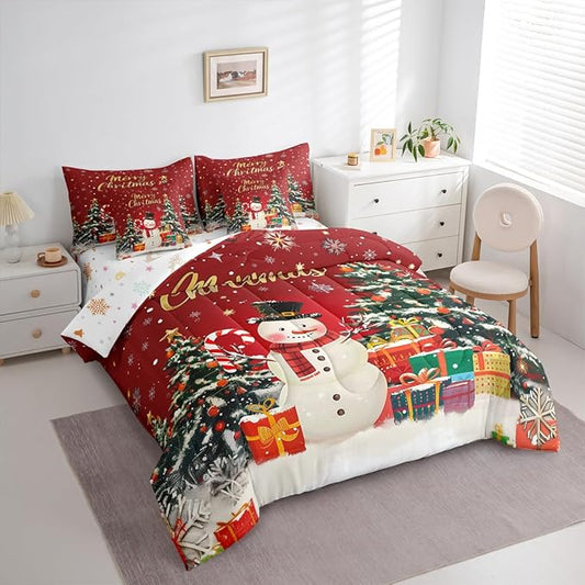 Castle Fairy Merry Christmas 7 PCS Comforter Set,Cartoon Snowman Christmas Trees Bedding Set for Kids Girls,Happy New Year Gifts Bed in a Bag with Comforter,Sheets and Pillow Cases,King