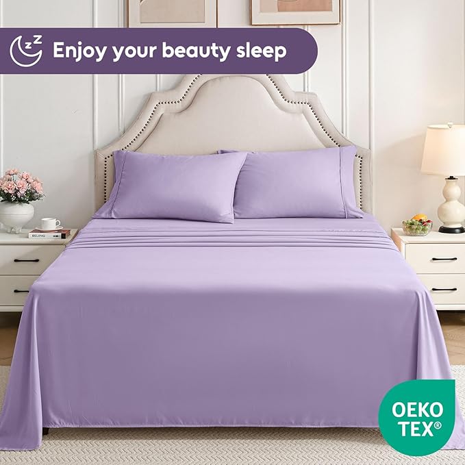 Full Size Bed Sheets Set, 4 Pieces Hotel Luxury Soft Microfiber Bed Sheets Set, Up to 16" Deep Pockets, Oeko-Tex Sheets with Elastic, Breathable, Wrinkle Free (Purple, Full)