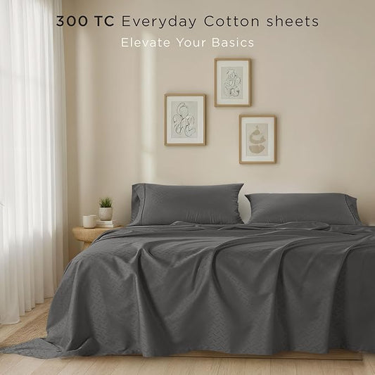 Threadmill Cotton Full Size Sheet Set | 100% Cotton Sheets for Full Size Bed | Damask Jacquard Full Bed Sheets Set with 16” Deep Pocket | Soft Sateen Weave 4-Piece Cooling Bedding Set | Dark Grey