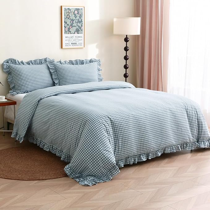 Light Blue/White Plaid Ruffle Duvet Cover Set Twin Size,100% Washed Cotton 3 Pcs Vintage Checkered Chic Gingham Farmhouse Bedding Set Comforter Cover Set