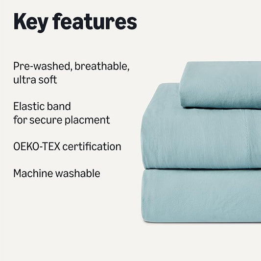 Amazon Basics Twin XL Bed Sheet, 3-Piece Bedding Set, Double Brushed Microfiber, Ultra Soft, Easy Care, Blue