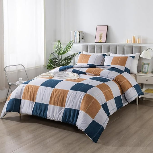 Caressma Plaid Checkered Comforter Set Navy and Gray, Fluffy Geometric Grid Buffalo King Size 3 Pieces Comforter Set with Two Matching Pillow Shams