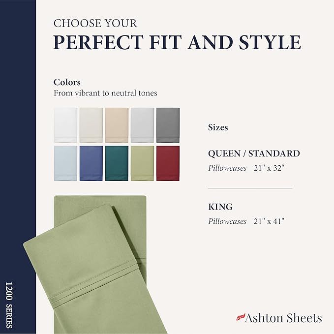 Ashton Sheets 100% Egyptian Cotton Pillow Cases King Size Set of 2 - Luxury 1200 Thread Count Sateen Sage Green Pillow Covers, Silky Soft Cooling Extra Long Staple Pillowcases, Fits King Size Pillows
