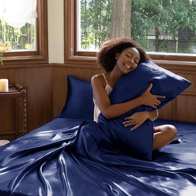CozyLux Satin Sheets Full Size Sheets - 6 Piece Silky Full Size Bed Sheets, Luxury Navy Blue Full Bed Set with Smooth and Soft Microfiber, Includes 1 Fitted Sheet, 1 Flat Sheet and 4 Pillowcases