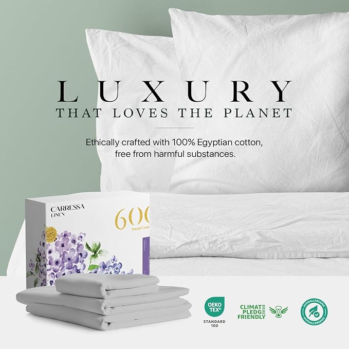 Carressa Linen 100% Egyptian Cotton Twin XL Sheets Set - 600 Thread Count Luxury Egyptian Cotton Sheets Twin XL Size (3 PC, Silver Gray), 16" Deep Pocket, Soft, Cooling, Sateen Weave Dorm Room Bedding