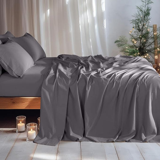 LBRO2M 100% Pure Linen Sheet Set Deep Pocket Up to 16" Bed Sheets Sets, Natural Flax Beddings Soft, Breathable, Comfortable for All Seasons 6 Pcs Sheet Set Queen Size, Dark Grey