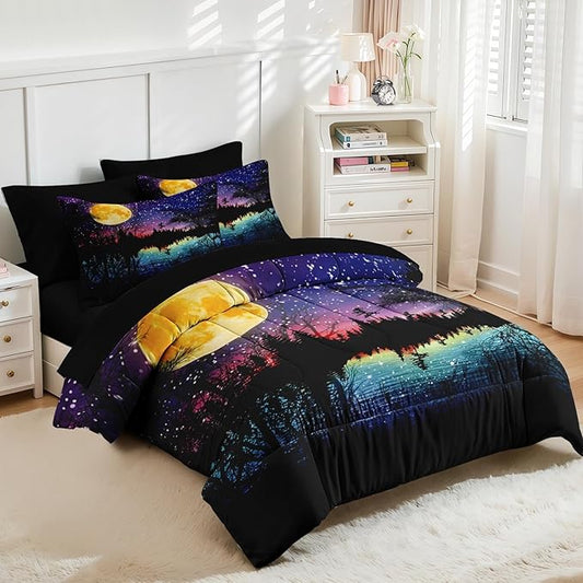 Nesker Comforter Set Full Size, Starry Woodland Fantasy 7 Pcs Bedding for Kids and Adults, Purple Lake Moonlight Bed Sheet Sets with Fitted Sheet 2 Pillowcases & 2 Shams
