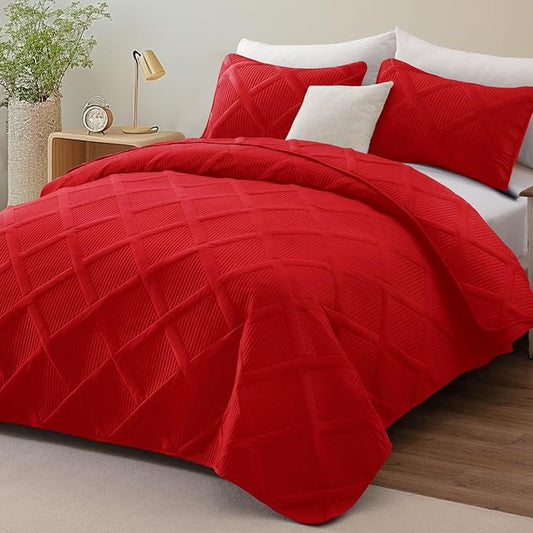 Exclusivo Mezcla King Quilt Set- Red Quilts Bedding Set with 2 Pillow Shams, Modern King Bedspread with Striped Pattern, Soft Lightweight Bedspreads Coverlets for All Seasons