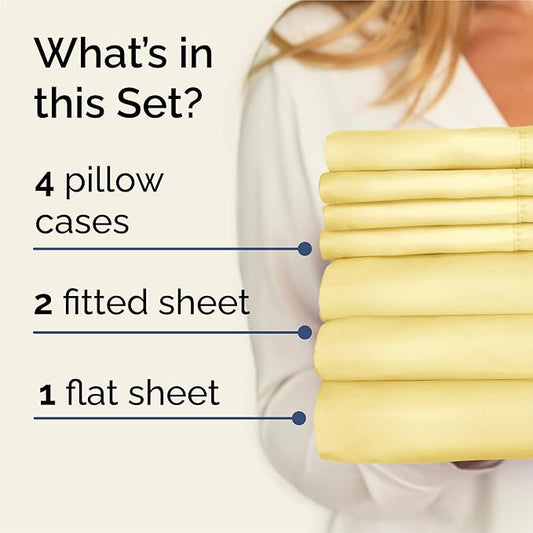 Split King 7 Piece Sheet Set - Comfy Breathable & Cooling - Ultra-Soft Hotel Luxury Bedding Set w/ 8-16 Inch Deep Pockets - 1 Flat & 2 Fitted Sheet & 4 Pillowcases - Wrinkle Free & Easy Care - Yellow