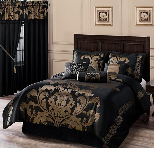 Chezmoi Collection Royale 7-Piece Jacquard Floral Comforter Set, Queen, Black/Gold