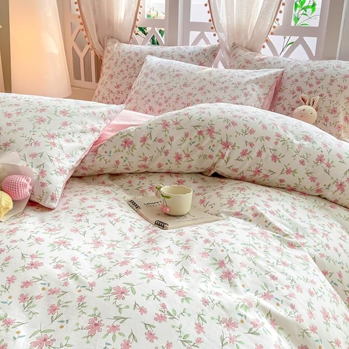 VM VOUGEMARKET Vintage Pink Floral Comforter Set Queen 3 Pieces Garden Flower Bedding Comforter for Teen Girls Reversible Cute Pink White Bedding Set