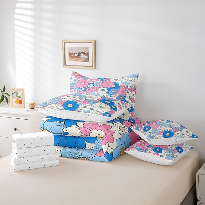 Groovy Flowers Comforter Set Bed in a Bag 7 Pieces Twin,Red Hippie Flowers 70s 80s Floral Bedding Set,Blue Pink Daisy Botanical (Comforter+Fitted+Flat Sheet+2 Pillowcases+2 Throw Pillow Covers)