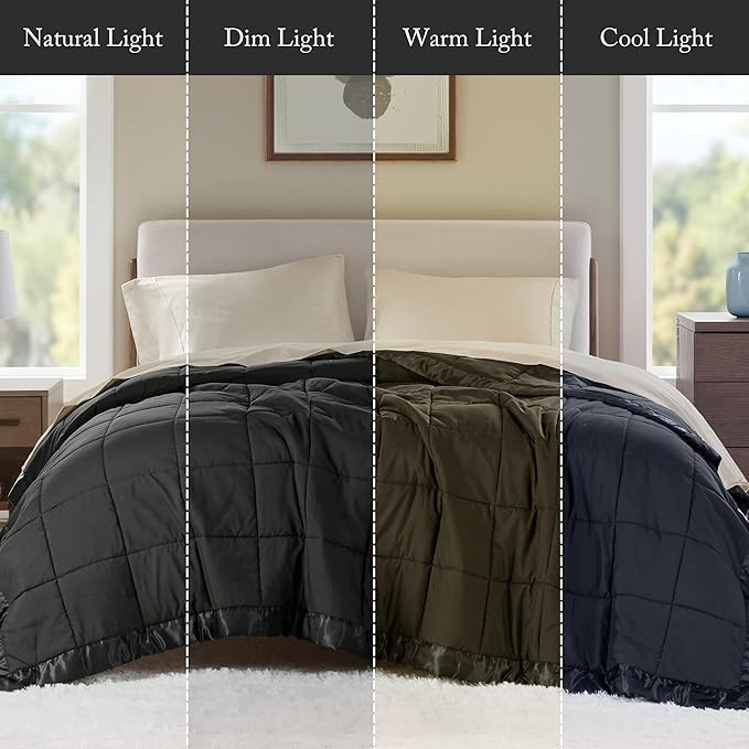 Madison Park King Size Blanket Ultra-Soft Microfiber King Size, Box Quilting with Satin Binding, All Season & Lightweight King Summer Blanket for Bed, Couch & Sofa, King, Balck