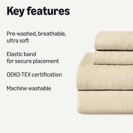 Amazon Basics Full Bed Sheet, 4-Piece Bedding Set, Double Brushed Microfiber, Ultra Soft, Easy Care, Beige