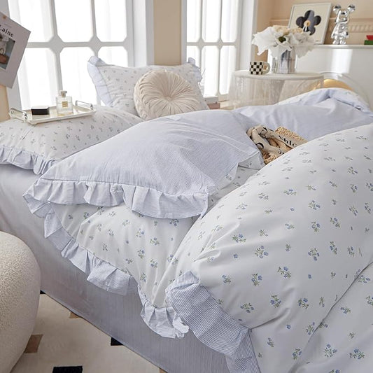 HighBuy Blue Flower Comforter Set Full Ruffle Edge Comforter Fluffy with 2 Pillowcases Coquette Cottagecore Aesthetic Romantic Bedding Comforter Set for Girls Women 80"x90"