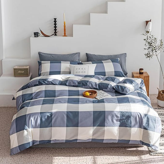 mixinni Queen Comforter Set Soft Fluffy Modern Style Checkered Pattern Comforter for Boys Mens, 1 Blue White Grey Geometric Comforter and 2 Pillowcases, All Seasons-Queen Size