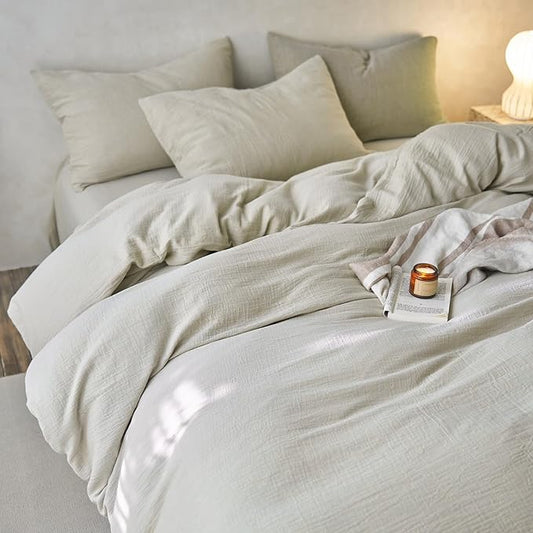 EAVD Soft 100% Muslin Cotton Duvet Cover King Solid Beige Duvet Cover with Zipper Closure Lightweight Linen Like Guaze Textured Comforter Cover with 2 Pillowcases Modern Solid Bedding Set