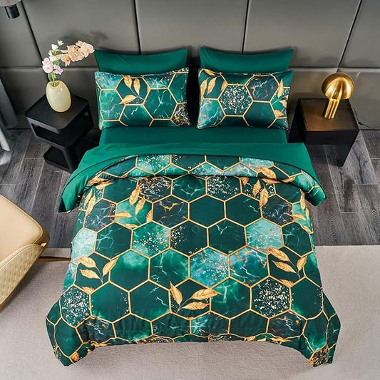 ANGIYUIN Emerald Green Printed Marble Comforter Set Queen, 7Pcs Geometric Hexagon Theme with Gold Leaf Bed in A Bag, Modern Foil Print Bedding Sets with Sheets Pillowcases (Green Queen)