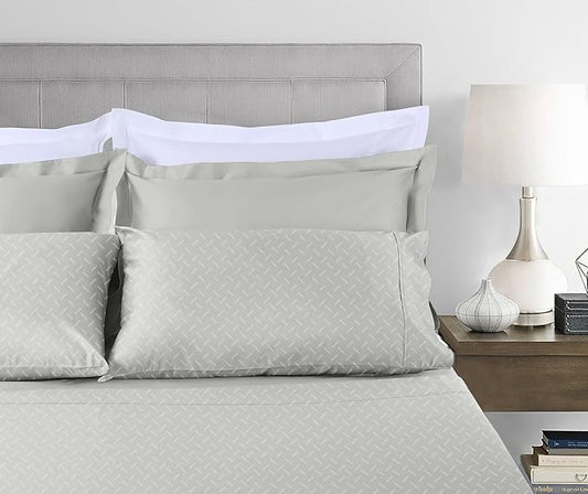 Threadmill Cotton Full Size Sheet Set | 100% Cotton Sheets for Full Size Bed | Damask Jacquard Full Bed Sheets Set with 16” Deep Pocket | Soft Sateen Weave 4-Piece Cooling Bedding Set | Light Grey
