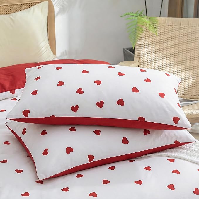 Heart Comforter Set Queen 3 Pieces Romantic Girls Cute Bedding Set, Red Love Heart Pattern, Modern Aesthetic Comforter with 2 Pillowcases 100% Microfibre White