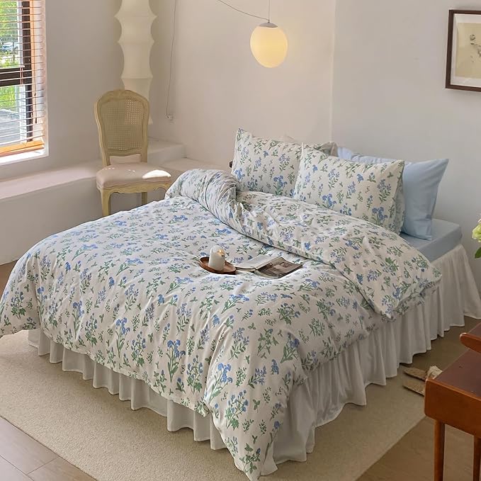 HighBuy Full Comforter Set Blue Floral Bedding Comforter Set Full White for Girl Green Botanical Coquette Bedding Set Bed Comforter with 2 Pillowcases,Boho Comforter Sets Garden Bedding Sets