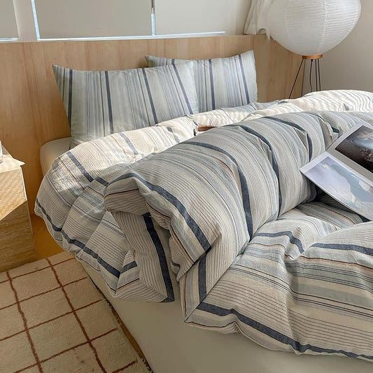 EAVD Modern Style Striped Duvet Cover Twin 100% Washed Cotton Colorful Wide and Pinstriped Bedding Duvet Cover Set with 2 Pillowcases Farmhouse Geometric Bedding Set with Zipper for All-Season