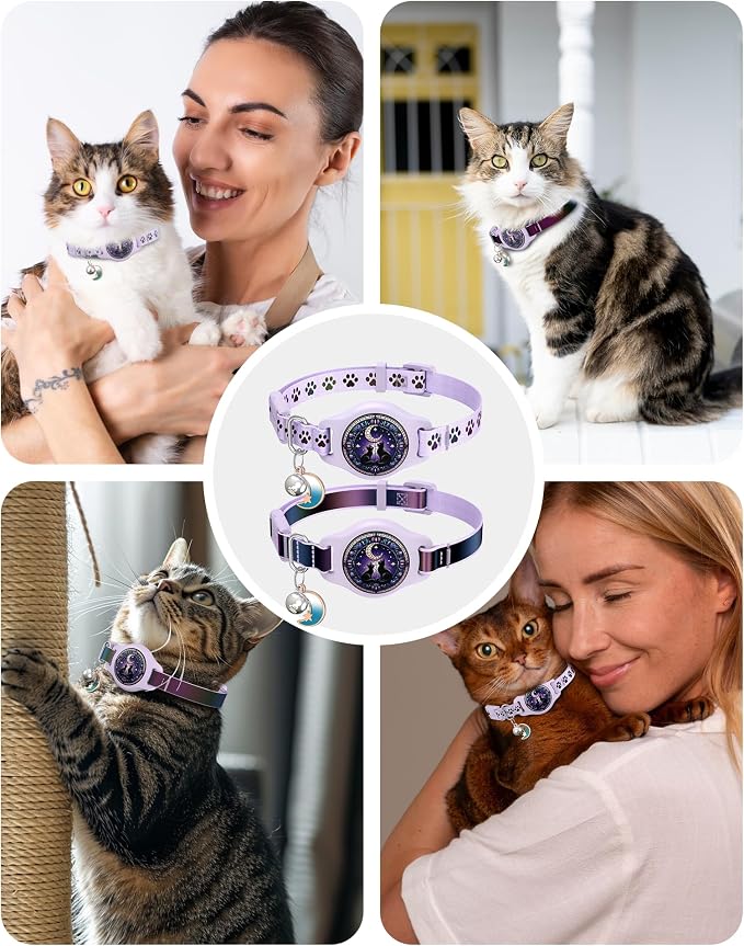 Airtag Cat Collar Breakaway, 2 Pack Cat Collar with Apple Airtag Holder | Reflective Waterproof Cat Collar with Bell, Easy Tracker with Airtag Collar, Adjustable 8-12In Lightweight & Comfortable