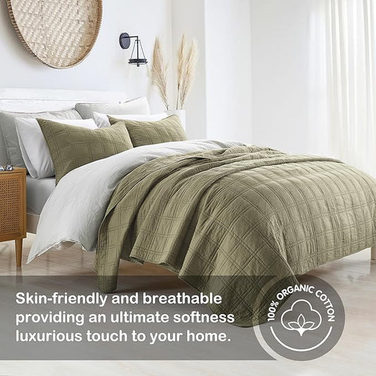 HORIMOTE HOME 100% Cotton Quilt King Size Olive Green Bedspread, Pre-Washed 3-Piece Cozy Lightweight Stitching Bedding Cover Coverlet Set with 2 Shams in Geometric Pattern for All Season