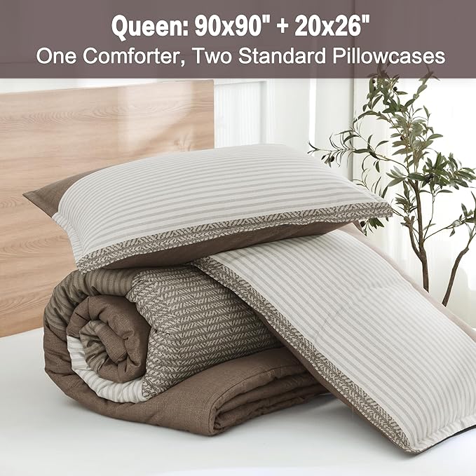 Litanika Comforter Set Queen Size Coffee - 3 Pieces Lightweight Colorblock Stripe Fluffy Bedding Comforter Sets, All Season Bed Set