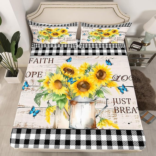 Yellow Sunflowers Bed Sheets Set Rustic Farmhouse Style Fitted Sheet Black White Plaid Bedding Set for Bedroom Decor Retro Gingham Sheet (Twin Flat Sheet & Fitted Sheet with 1 Pillow Case)