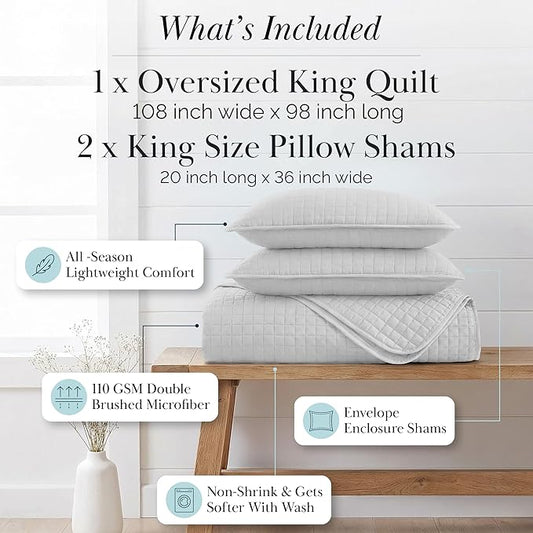 Southshore Fine Living, Inc. Oversized Quilt King Size Set, Grey Bedspread King/California Size with 2 Matching Pillow Shams, Soft Microfiber Coverlet, Easy Care, Machine Wash, Light Grey