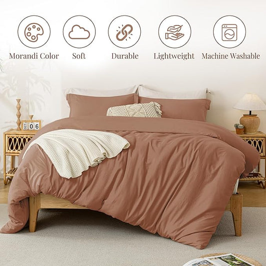 MILDLY Super Soft Duvet Cover - 100% Washed Microfiber Mocha Comforter Cover Set 3 Pieces with Zipper Closure & Corner Ties