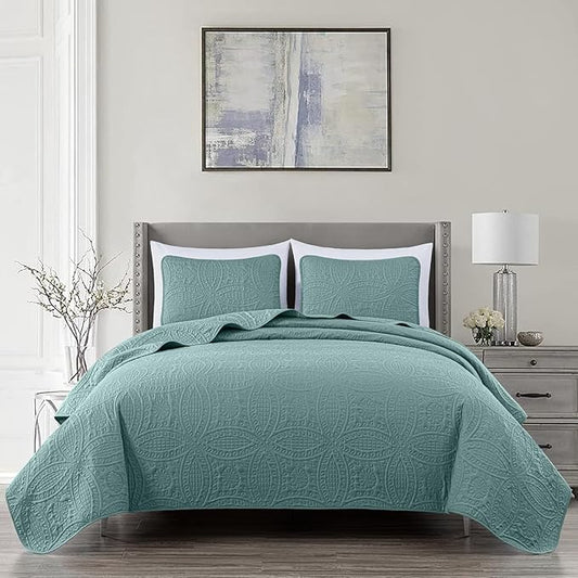 Chezmoi Collection Austin 3-Piece Oversized Bedspread Coverlet Set King, Spa Blue, 118 by 106-Inch | Oversized, Lightweight, Fade Resistant