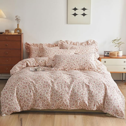 HighBuy Ruffle Comforter Set Full Size Pink Floral Printed Bedding Comforter Set Full Girl Flowers Bohemian Bedding Sets for All Season Comfy Soft Full Bed Comforter with 2 Pillowcases