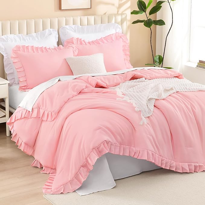 Litanika Pink King Size Comforter Set, 3 Pieces Ruffle Farmhouse Aesthetic Bedding Comforter Set, All Season Soft Lightweight Fluffy Microfiber Bed Set(104x90In Comforter, 2 Pillowcases)