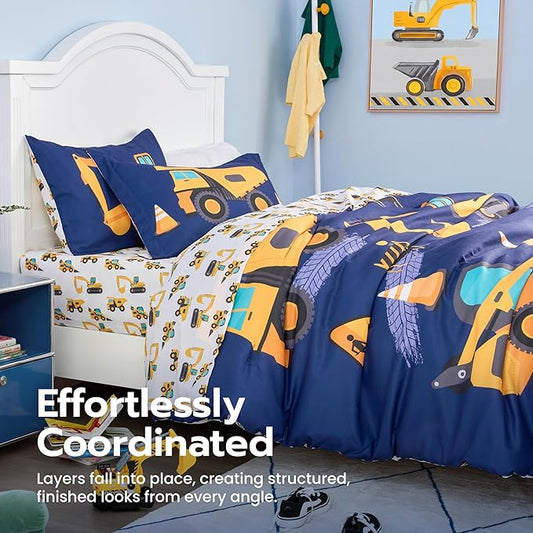 Joiedomi Kid Twin Comforter Set 5 Piece Construction Vehicle Bedding Set for Boys Girls Super Soft Microfiber Bed in a Bag with Comforter Sheets Pillowcase Sham