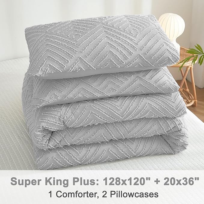 Litanika Super King Plus Comforter Light Grey, 3 Pieces Tufted Boho Farmhouse Bedding Comforter Set, Lightweight Fluffy All Season Comforter Set (120x128In Comforter & 2 Pillowcases)