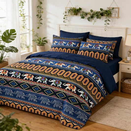 Navy Blue Comforter Set Full Size, Boho Aztec Bedding Set for Tribal & Ethnic Style Bedroom, 3Pieces Soft 100% Microfiber Lightweight Comforter Set with 2 Pillowcases, 79"x90"