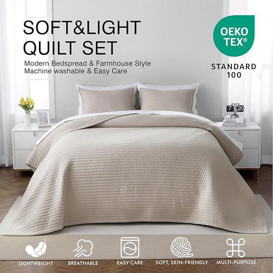 XL King Quilt Set – 108"x98" Soft Washed 3-Layer Lightweight Bedspread with Multi-Lock Quilting, Minimalist Nordic Bedding, All-Season Quilt for Spring & Summer (1 Quilt + 2 Pillow Shams), Oatmeal